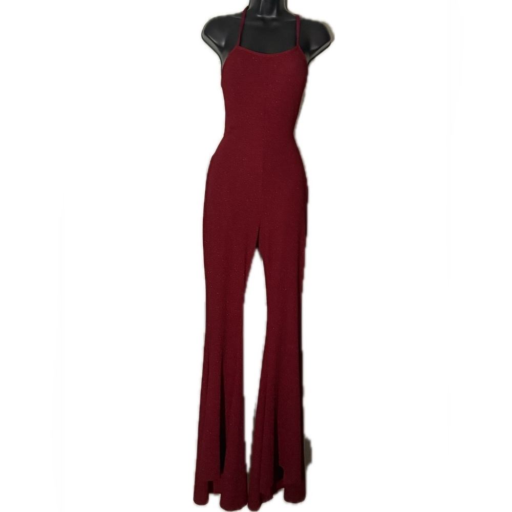 Burgundy Open-Back Lace-Up Jumpsuit | Good Time USA | Flared Leg